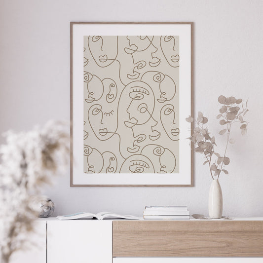 A neutral interior featuring a beige art print