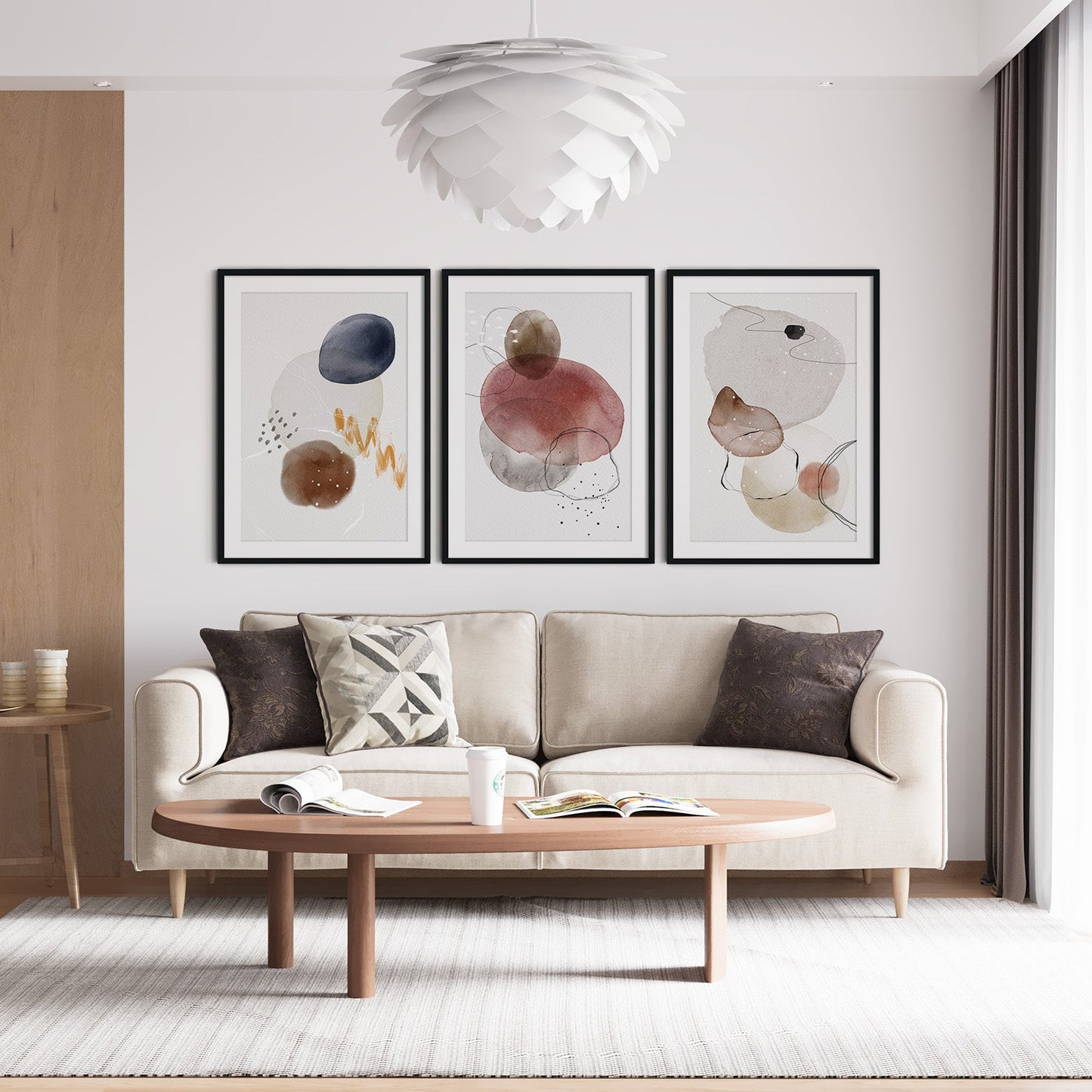 Nordic interior living room design with three watercolor art prints