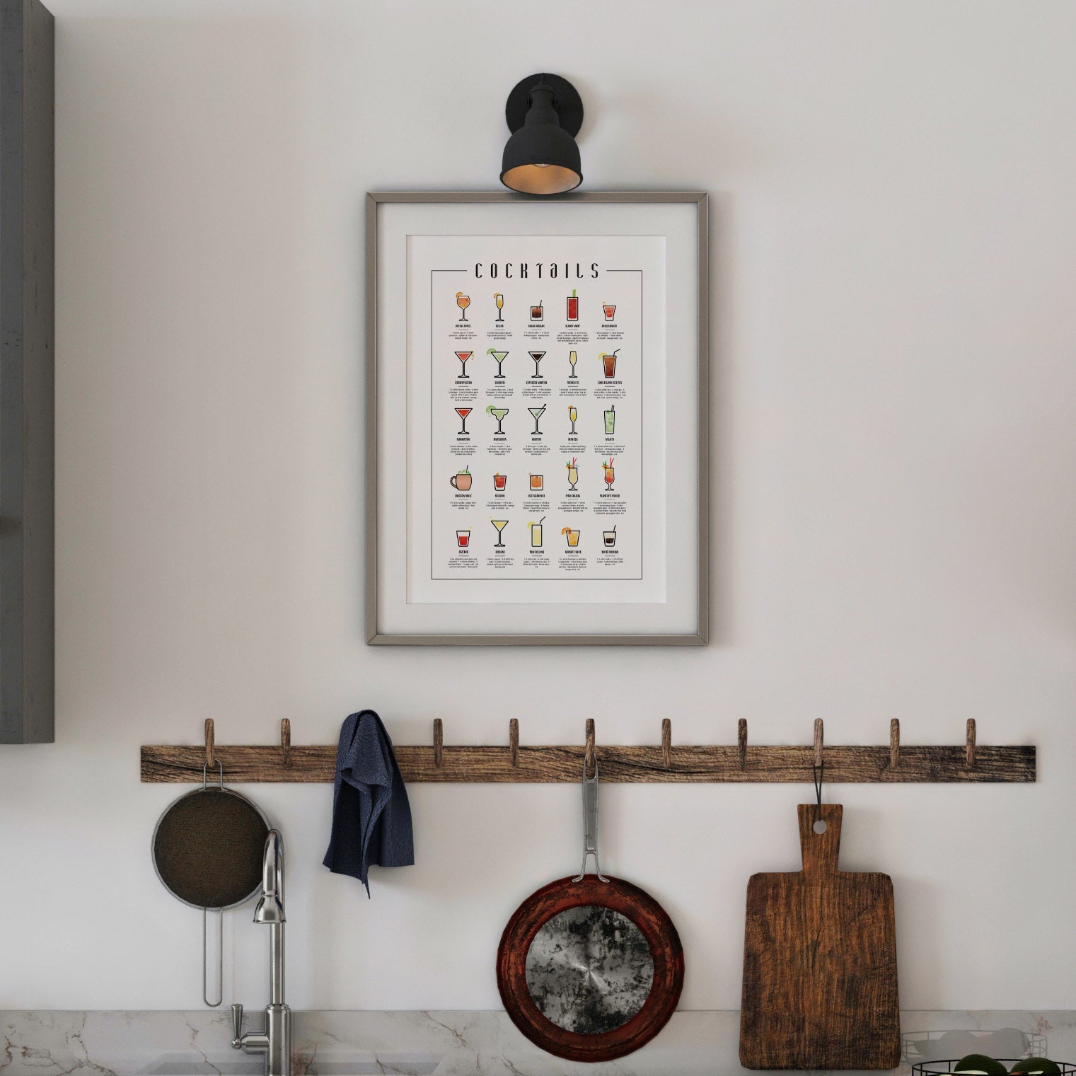 Kitchen wall art featuring cocktail illustrations