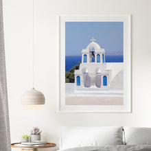 Load image into Gallery viewer, Santorini church against blue Greek sea
