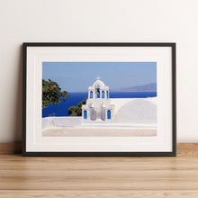 Load image into Gallery viewer, Framed poster of Santorini church bells and ocean
