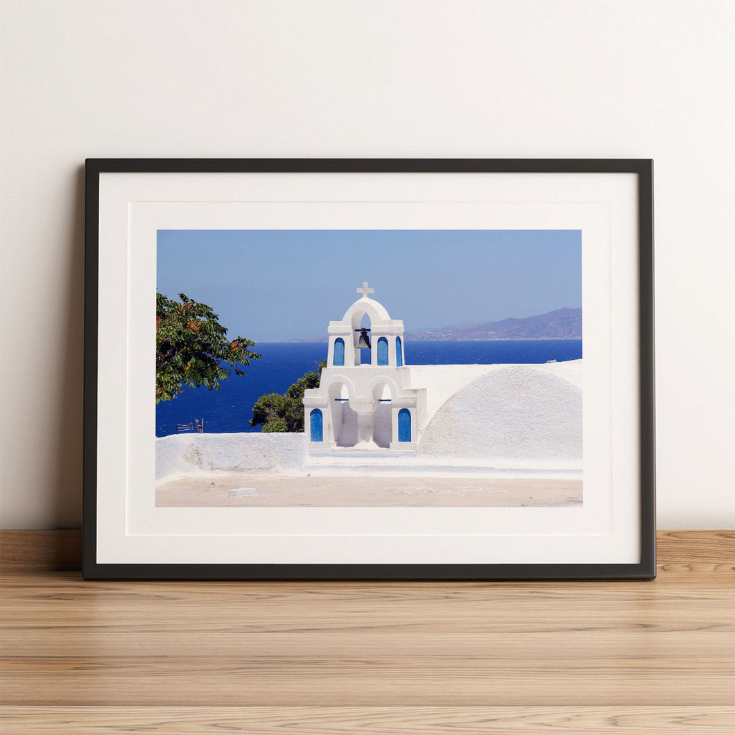 Framed poster of Santorini church bells and ocean