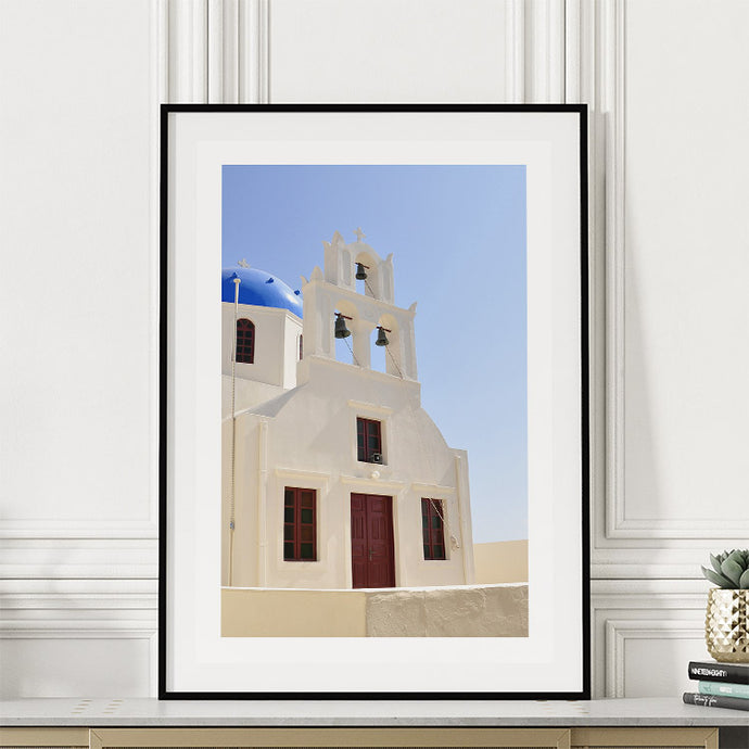 Framed photography print of a Santorini church