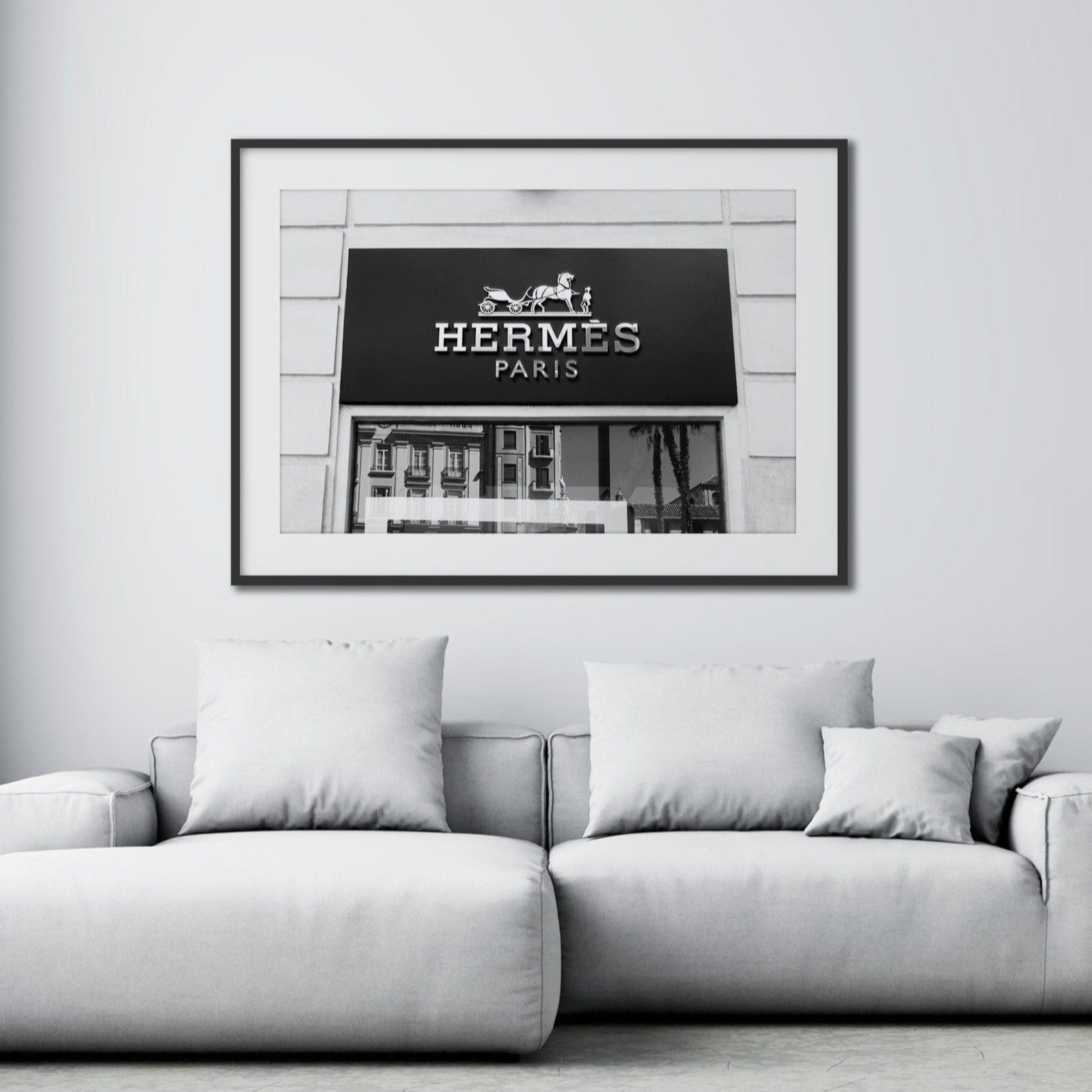 Hermes wall art hanging in living room