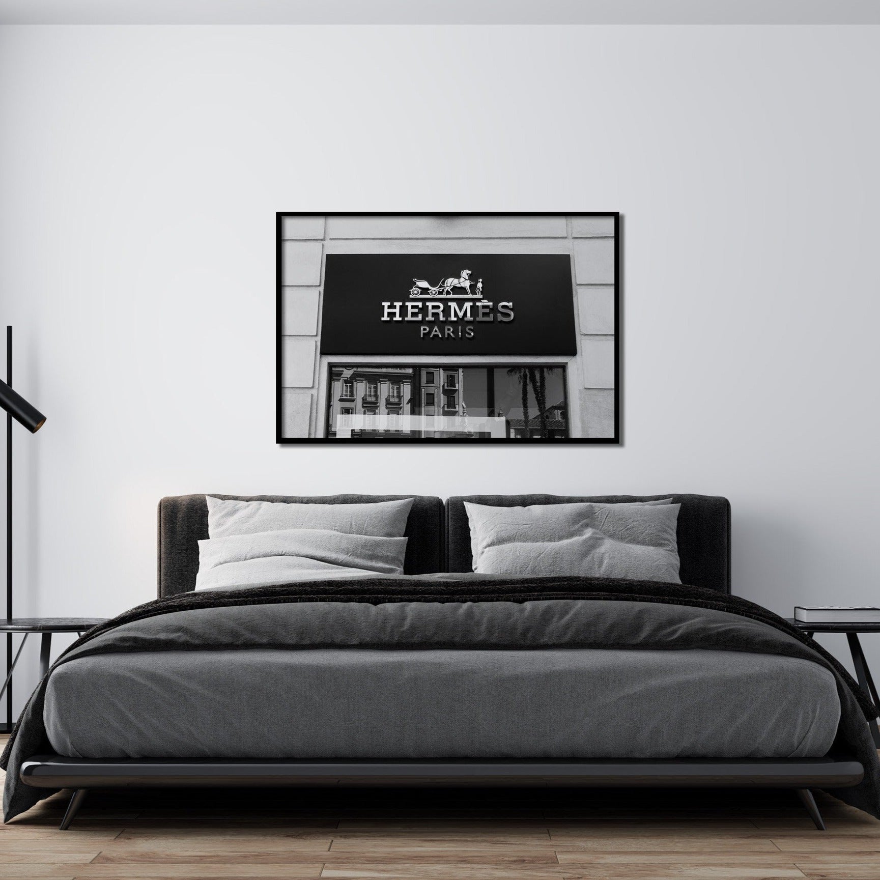 Black and white designer wall art in bedroom
