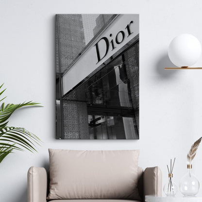 Designer wall art featuring a photo of a Dior store printed on canvas