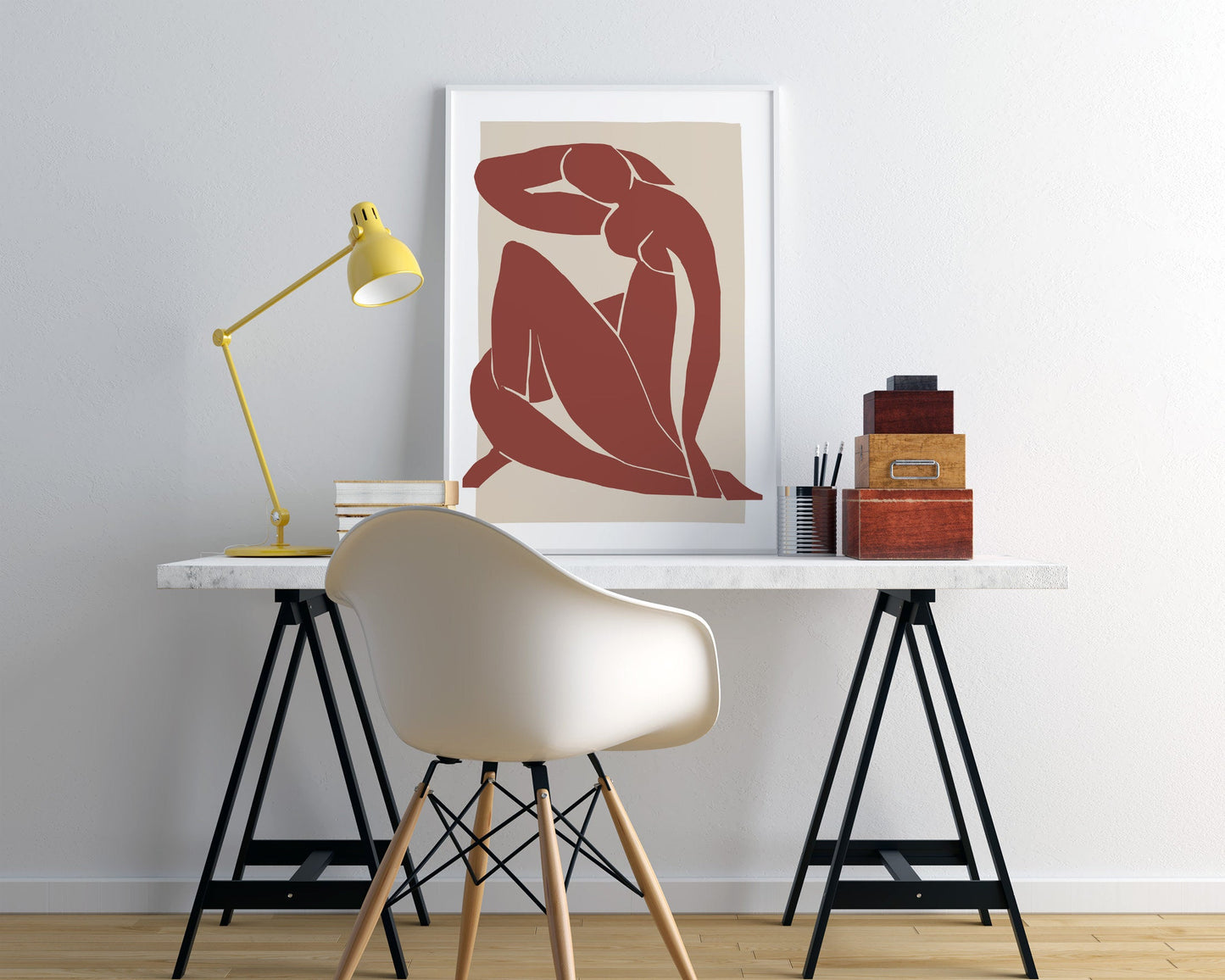 Abstract illustration featuring a nude woman figure in brown and beige