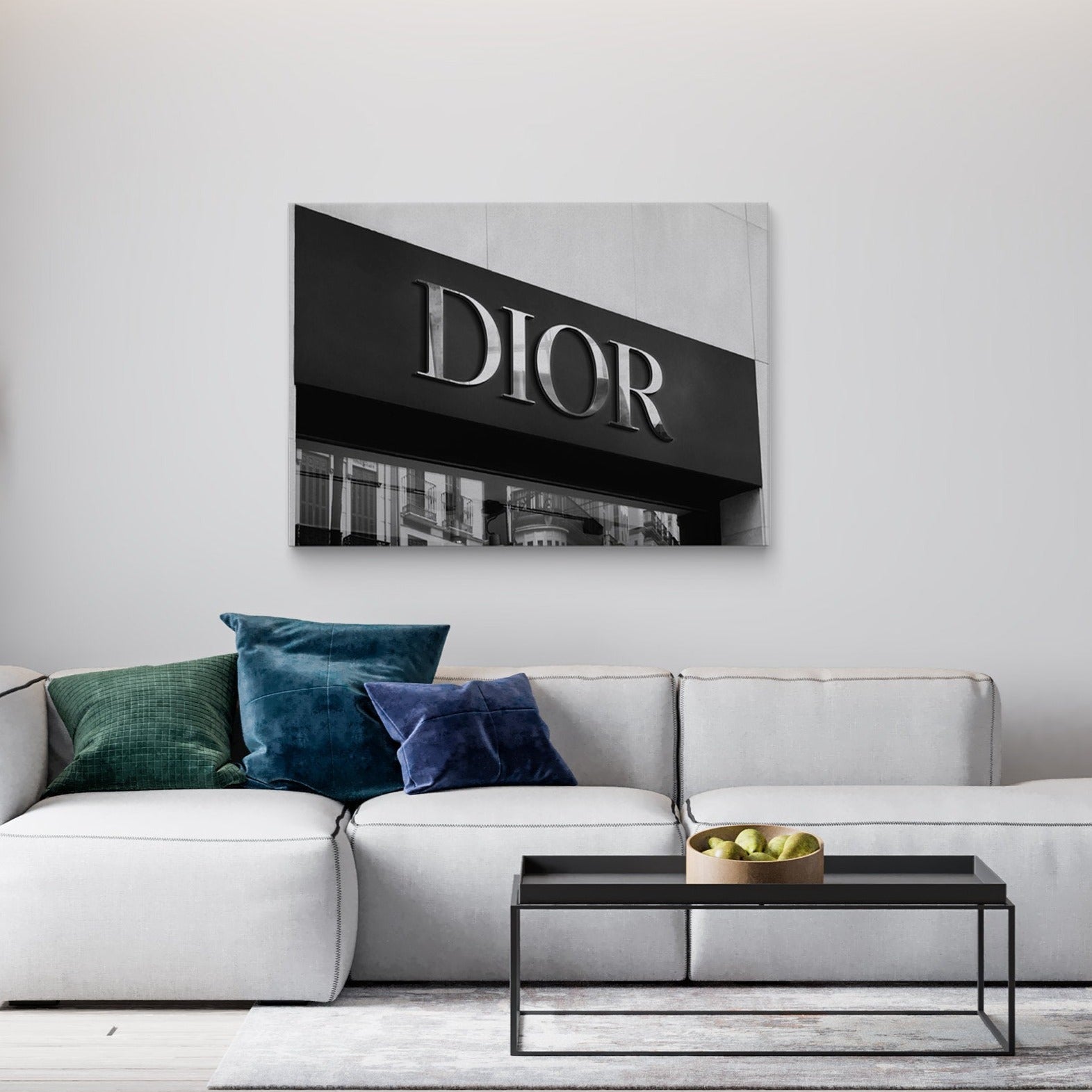 Modern living room decor with a Dior canvas print