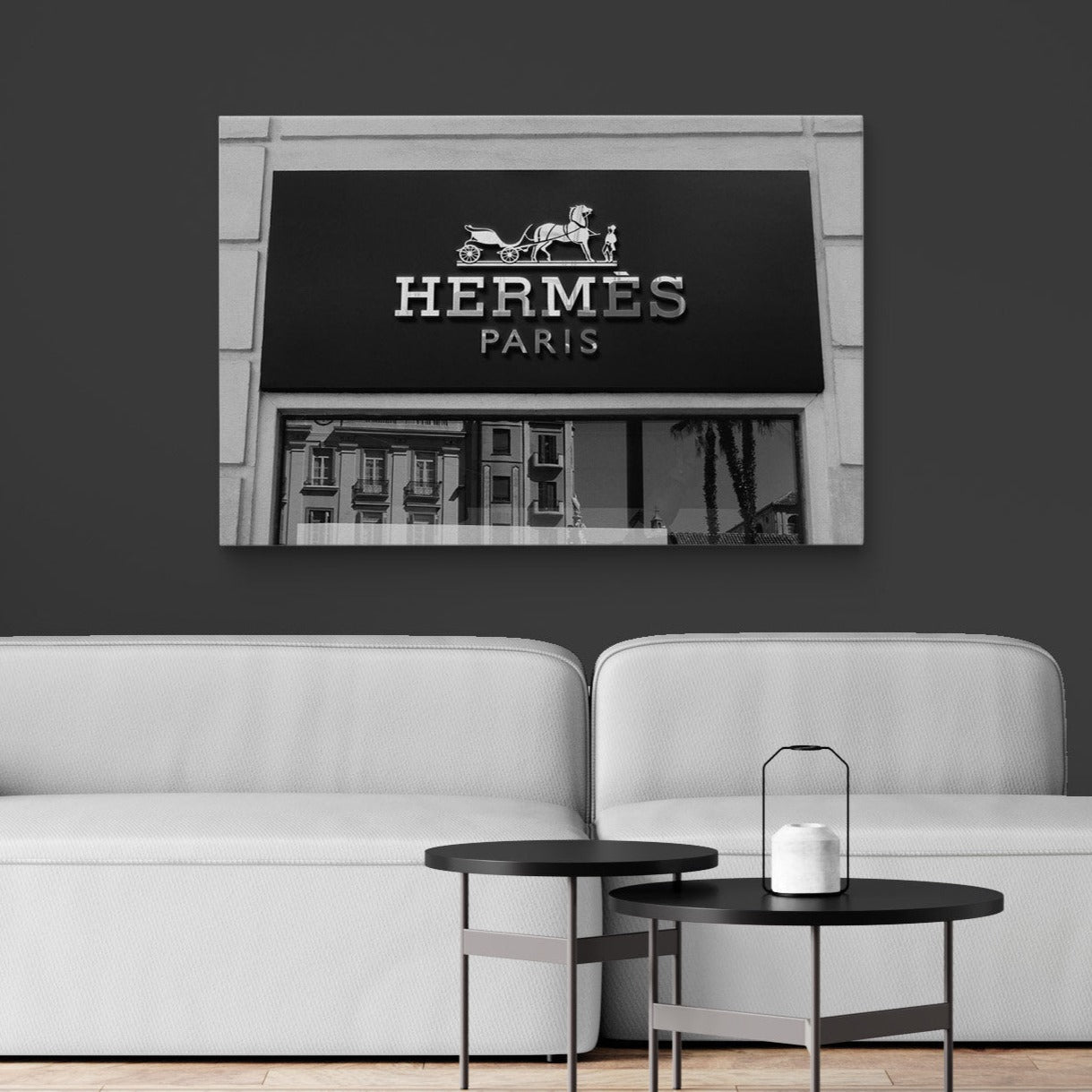 Modern living room with large canvas art featuring a designer storefront