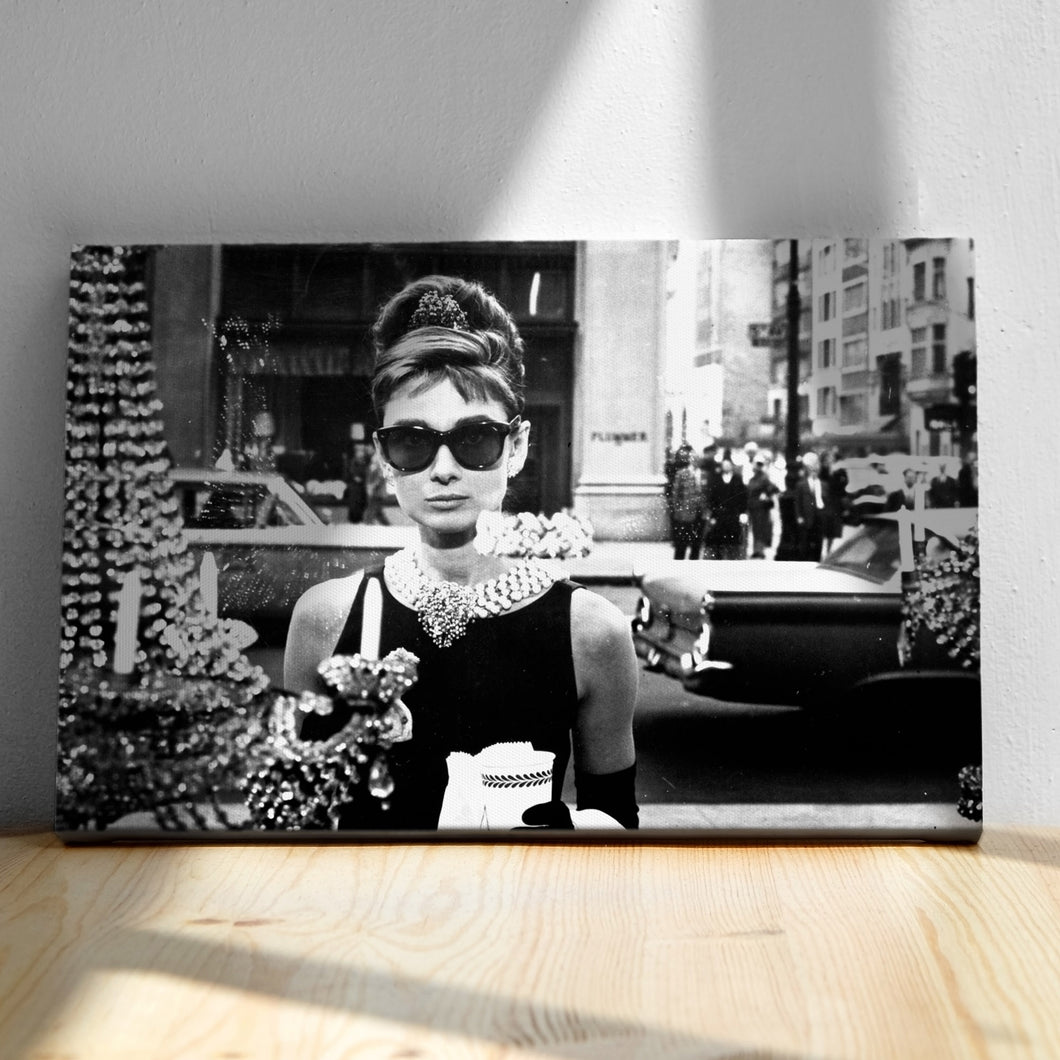 A canvas print featuring Audrey Hepburn in Breakfast at Tiffany's