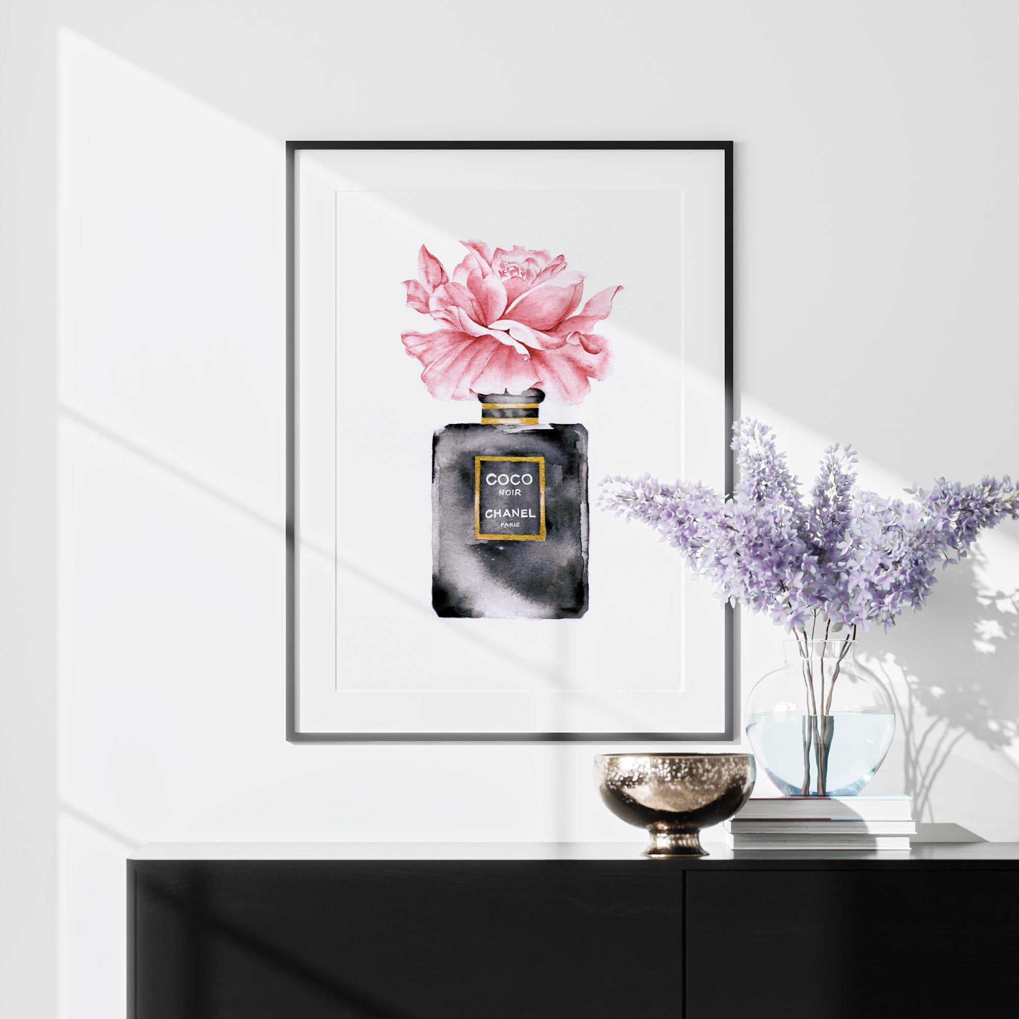 Interior styling with a Chanel perfume bottle print