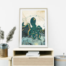 Load image into Gallery viewer, Dark green wall art featuring an octopus and stars and planets
