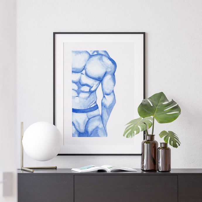Sideboard interior styling featuring a nude man watercolor painting in blue