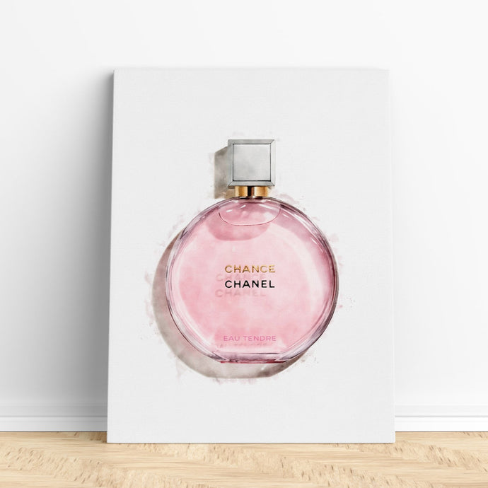 Watercolor canvas art featuring a pink Chanel Chance perfume bottle