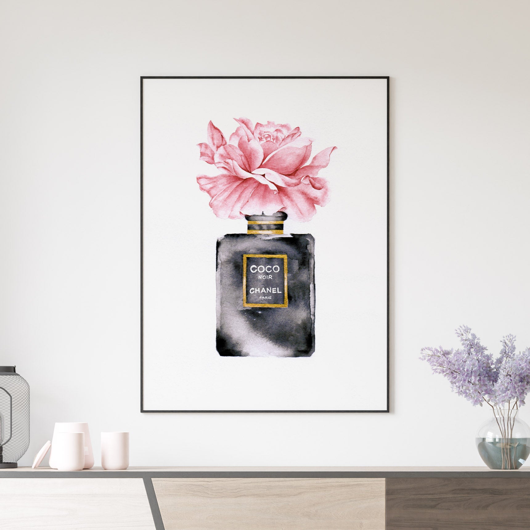 Scent of Roses Print  Watercolor Chanel Perfume Bottle Wall Art in Pink,  Black & Gold – TemproDesign