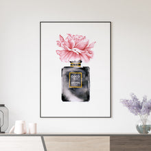 Load image into Gallery viewer, Watercolor art print featuring a pink rose on top of a Coco Chanel perfume bottle
