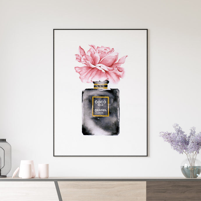 Watercolor art print featuring a pink rose on top of a Coco Chanel perfume bottle