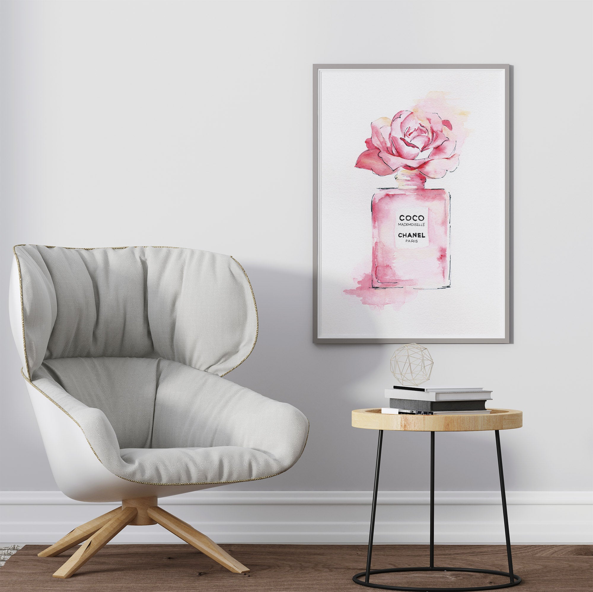 Pink art print with a Coco Chanel perfume bottle