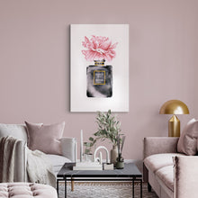 Load image into Gallery viewer, Pink interior decor with a watercolor Chanel perfume bottle print on canvas
