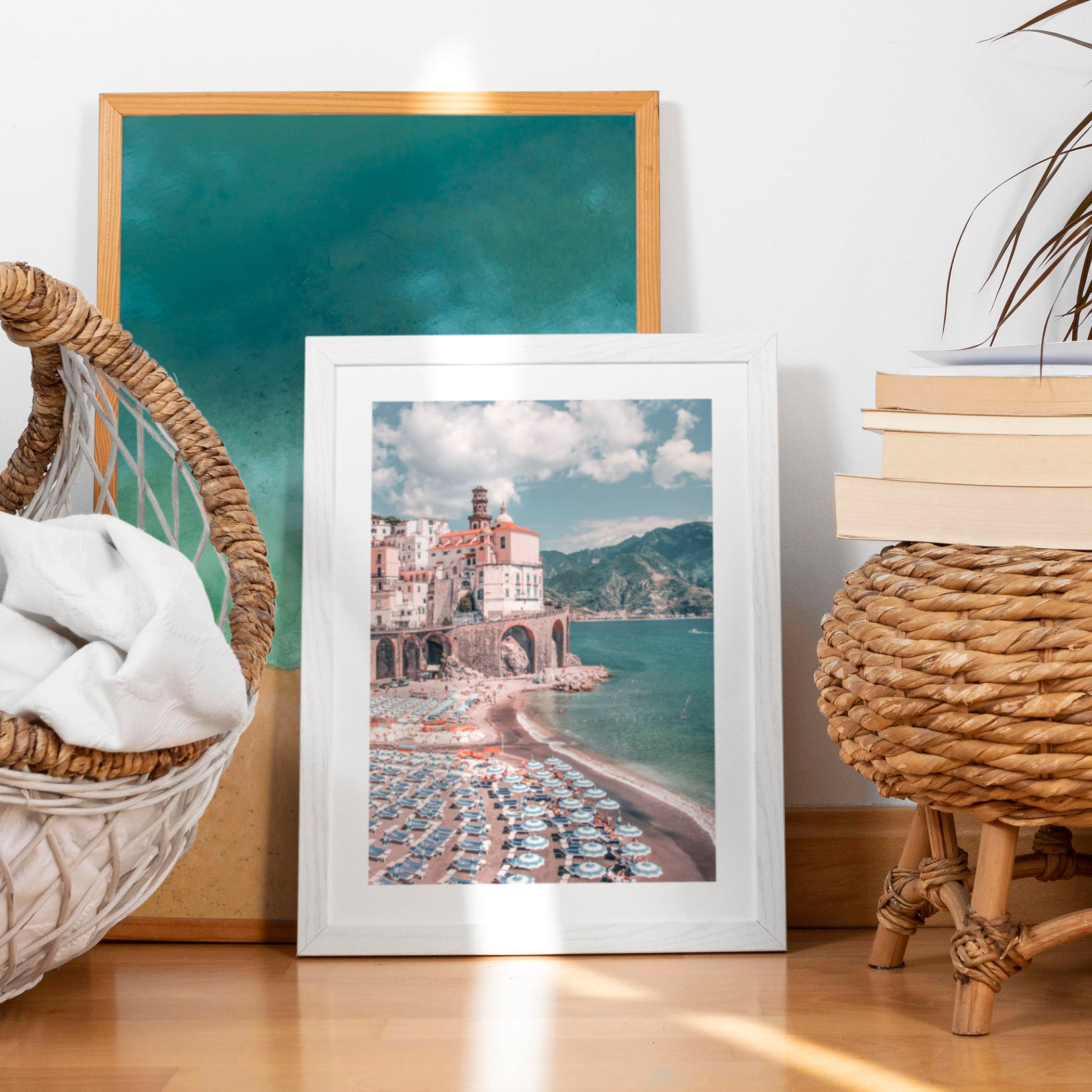 Beach decor featuring a print of the Amalfi Coast