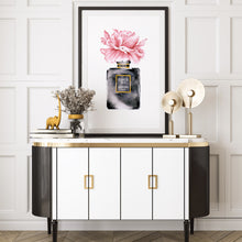 Load image into Gallery viewer, Sideboard styling with gold lamps and Coco Chanel watercolor print in black, gold and pink
