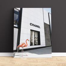 Load image into Gallery viewer, Fashion pop art featuring a flamingo outside Chanel on Rodeo Drive
