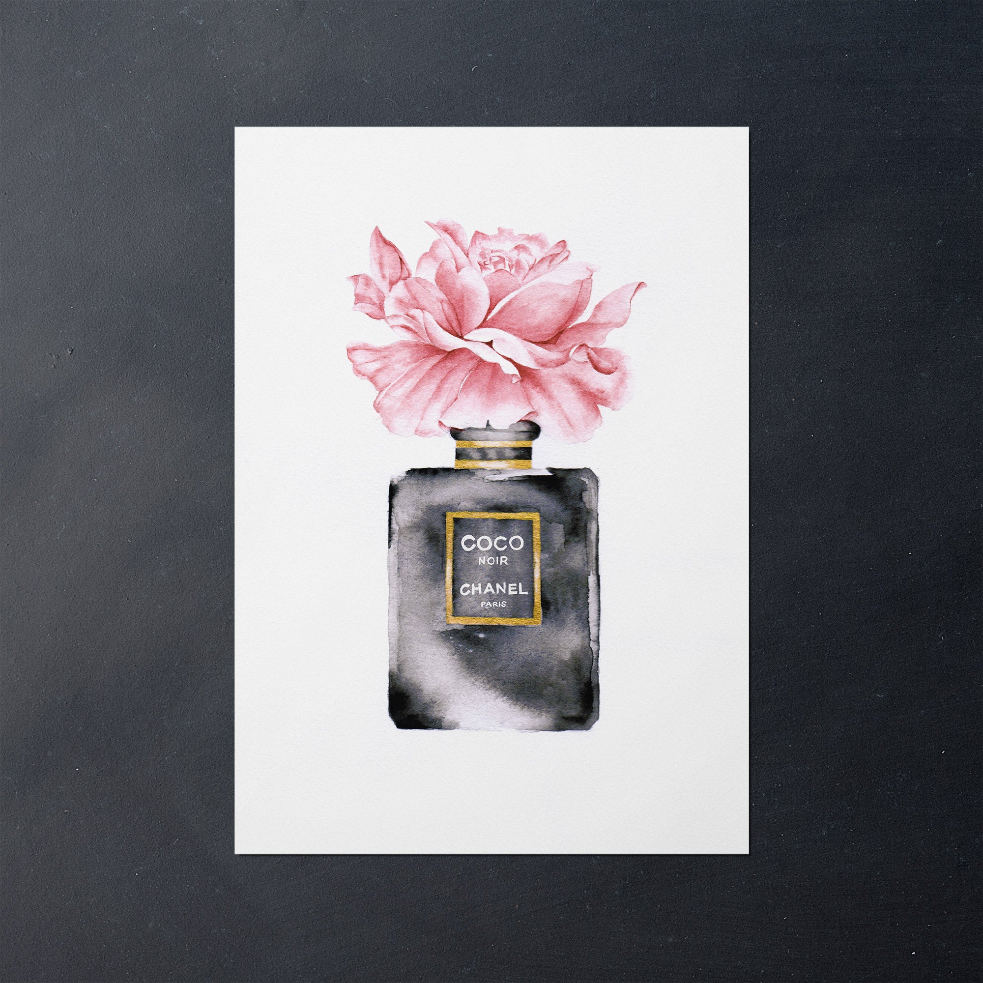 Watercolor artwork of a Chanel perfume bottle with pink roses