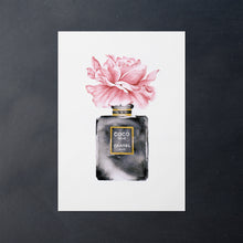 Load image into Gallery viewer, Watercolor artwork of a Chanel perfume bottle with pink roses
