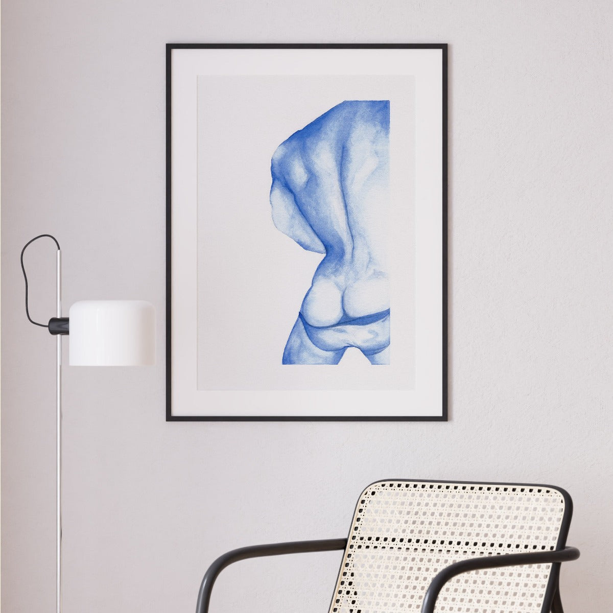 A watercolor art print featuring a nude man's back