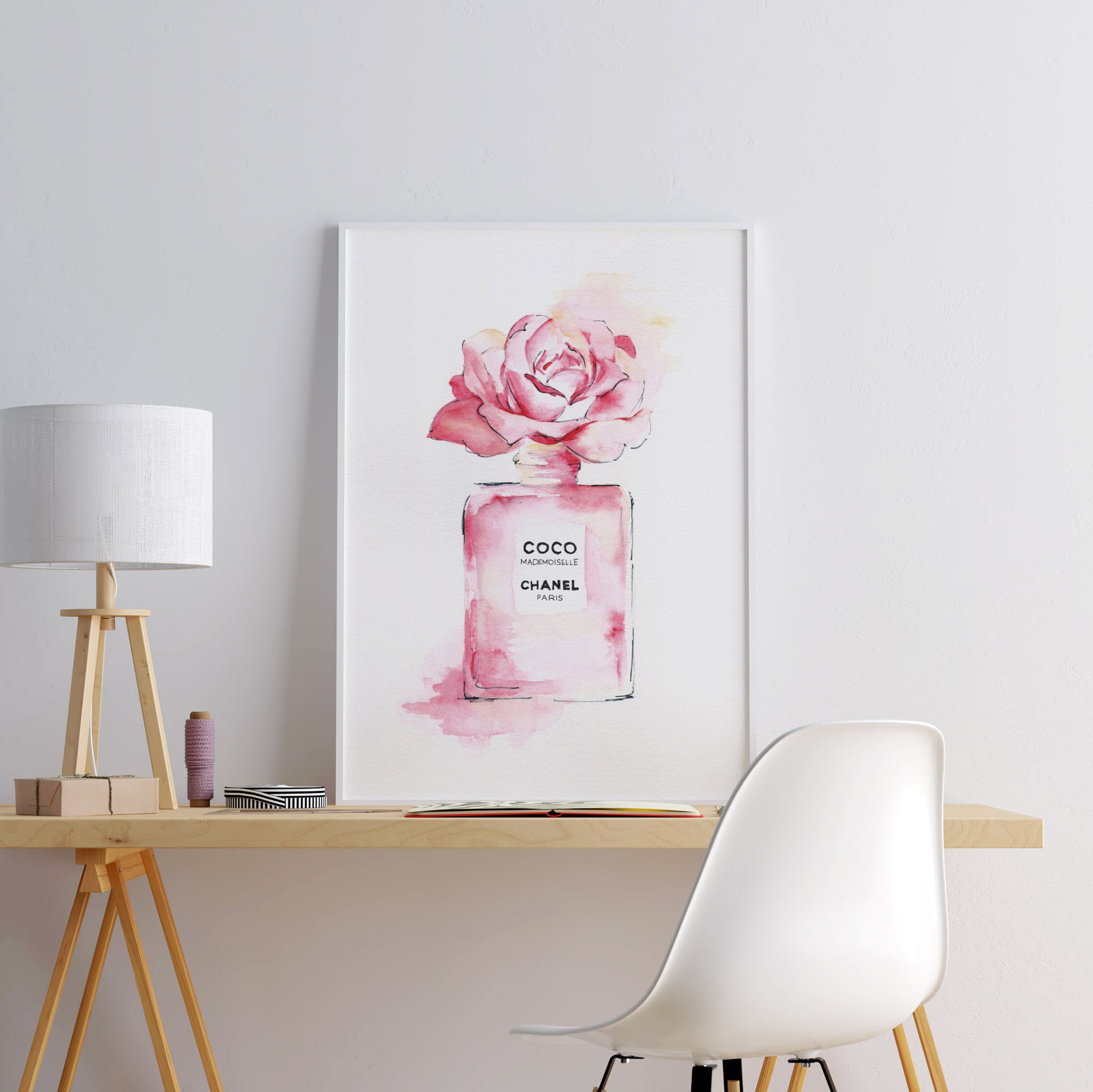 FRAMED Pink Rose Floral Coco Chanel By PopArtQueen 18x18 Art Painting Print  WHITE Frame