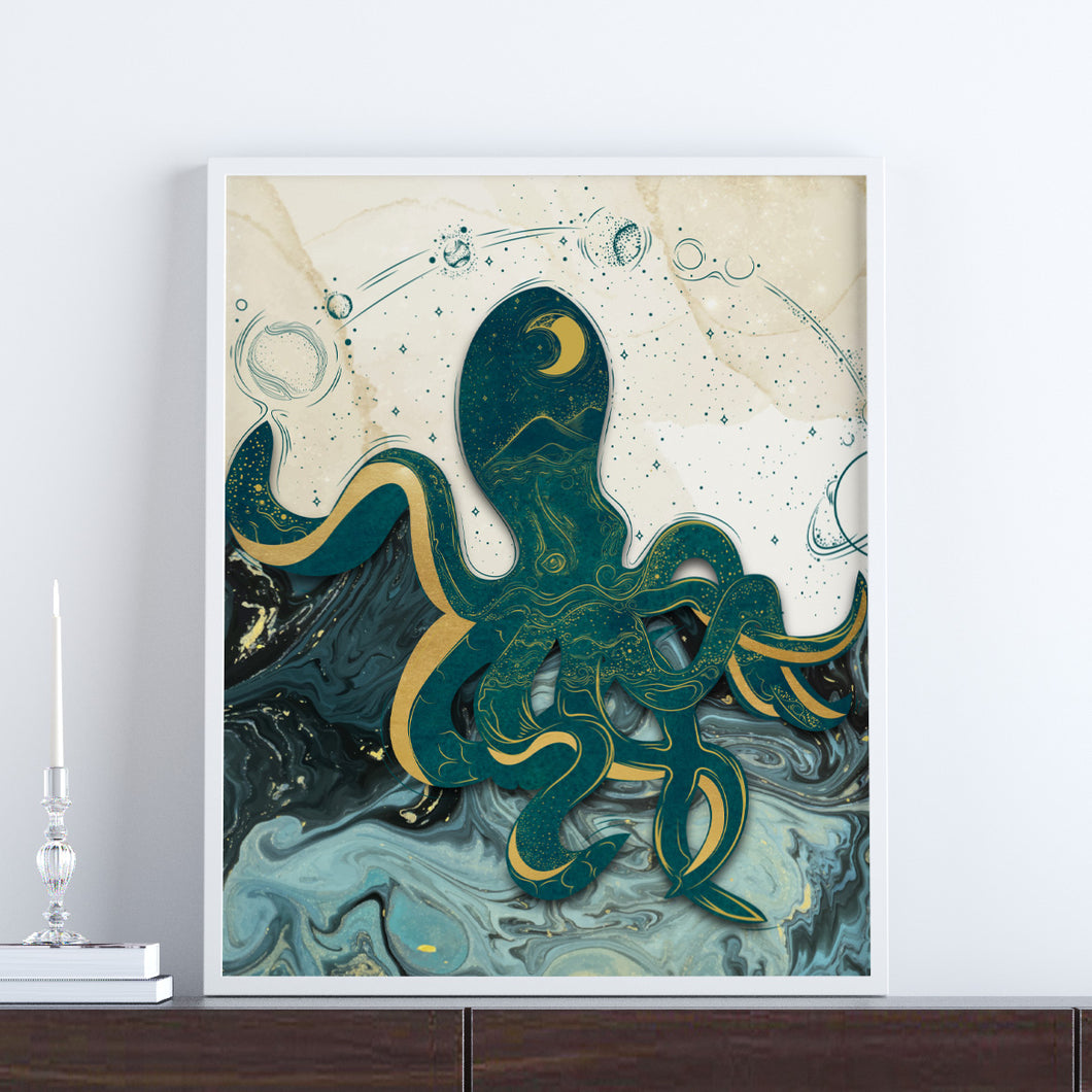 Green and gold art print featuring an octopus and mystical shapes
