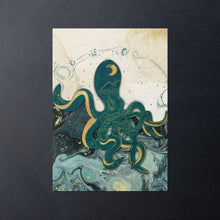 Load image into Gallery viewer, Art print featuring a green octopus on fluid art background
