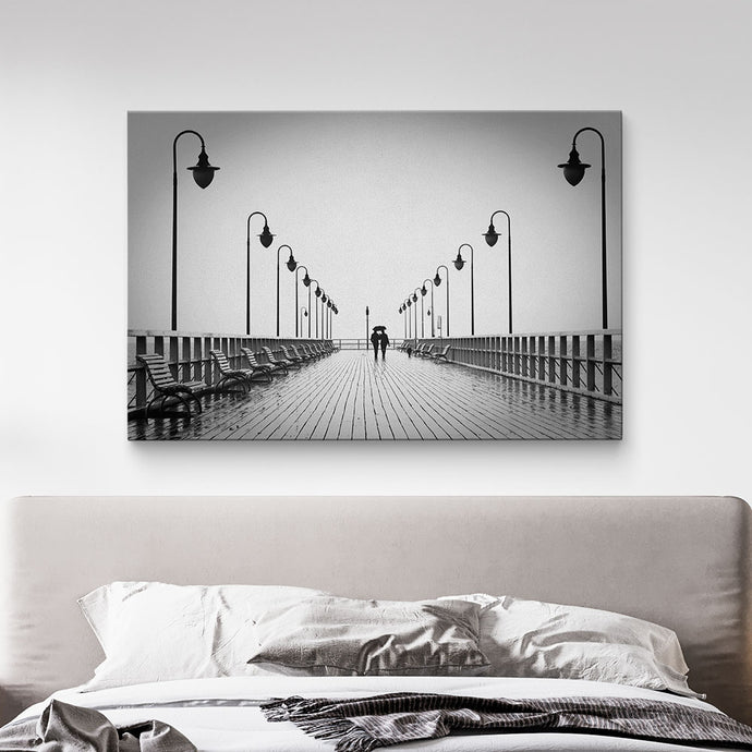 Black and white photography canvas print in bedroom