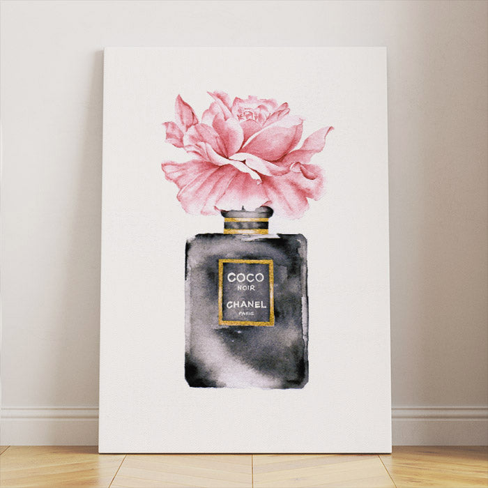 Coco Chanel perfume bottle artwork in watercolor on canvas