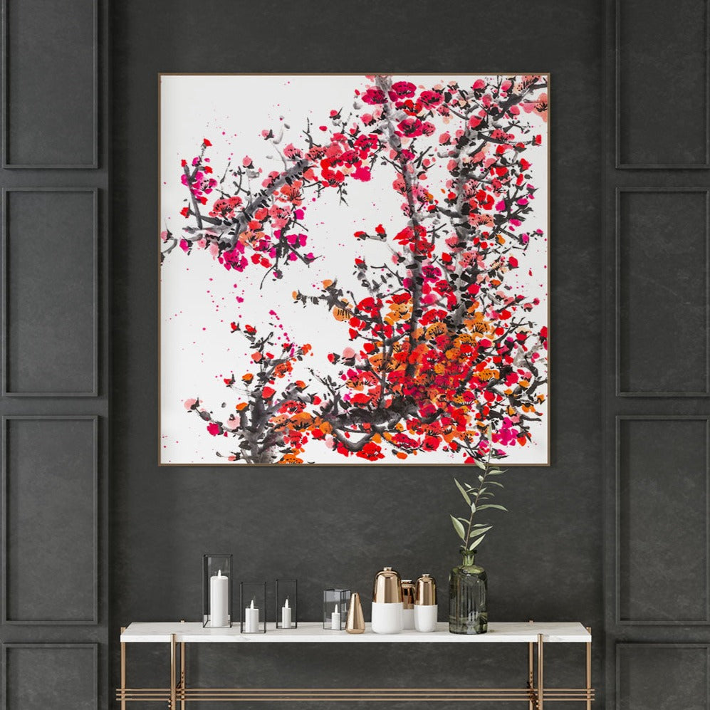 Large art print featuring abstract Japanese cherry blossoms