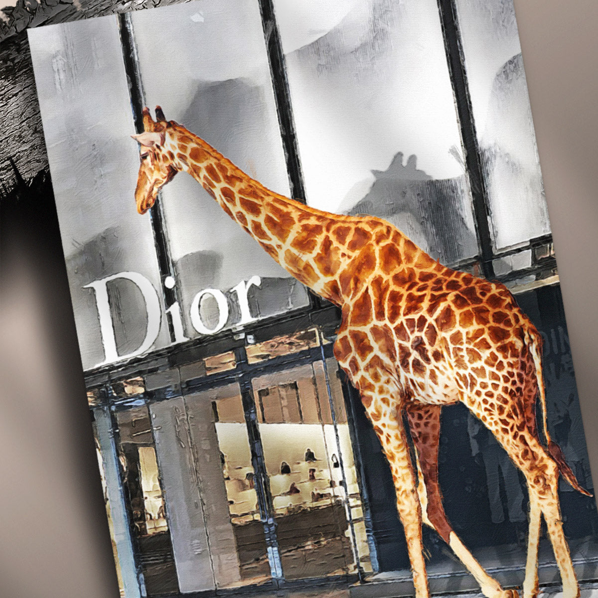 Close up of art print featuring oil painting of a Dior store with giraffe