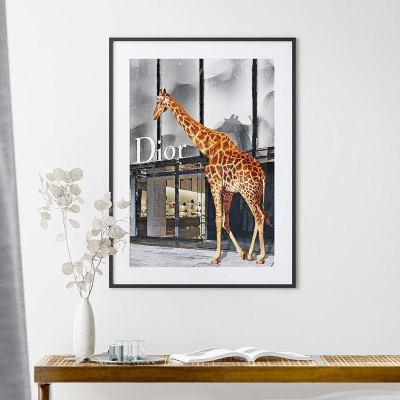 A pop art print featuring a giraffe standing outside a luxury Dior boutique
