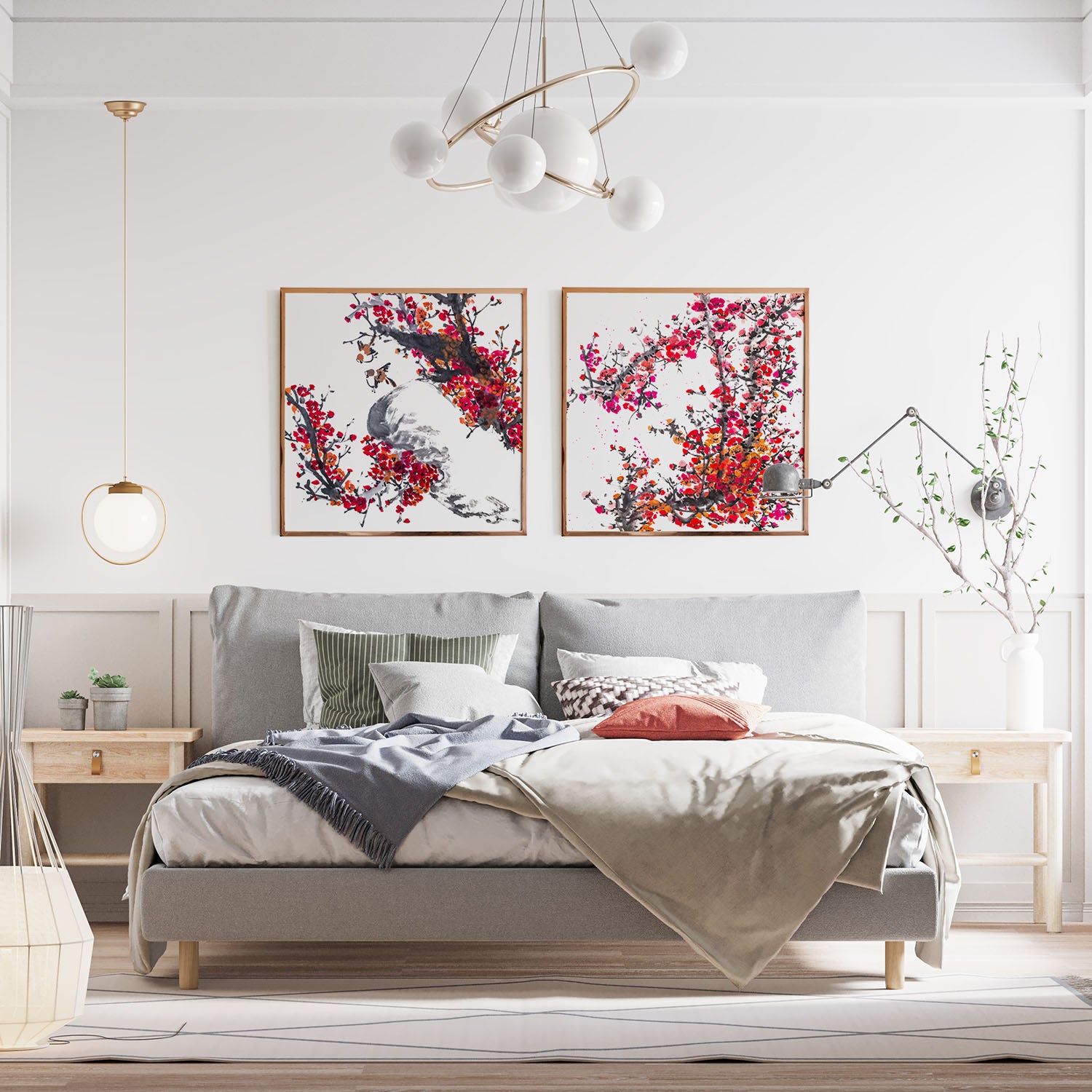 Bedroom decor with matching Japanese watercolor art prints