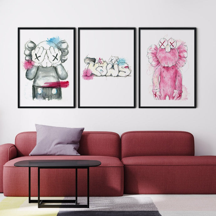 Living room interior featuring set of 3 KAWS art prints