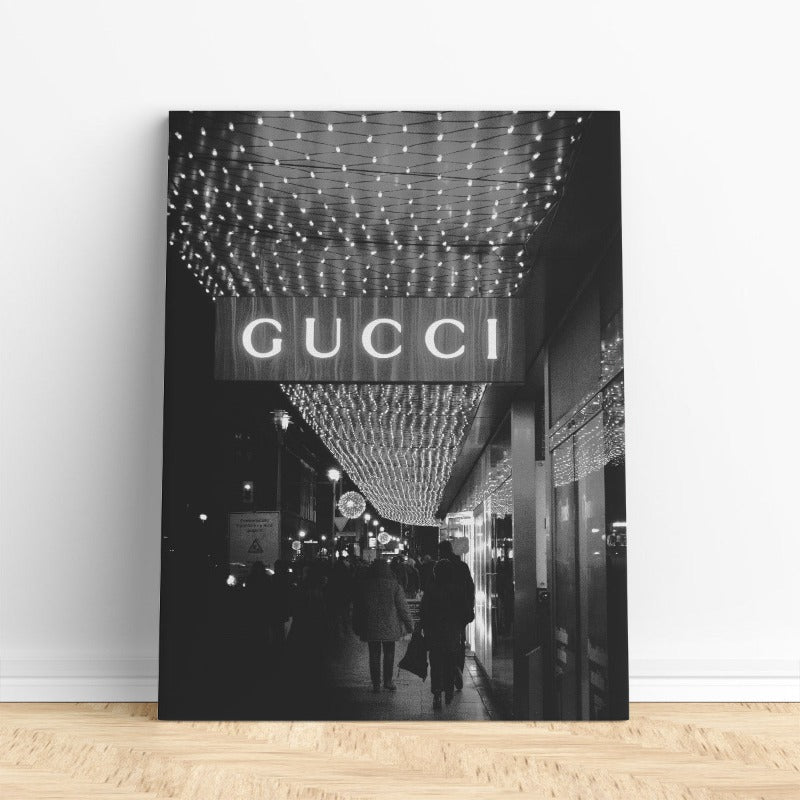 Designer wall art featuring a Gucci store photography on canvas