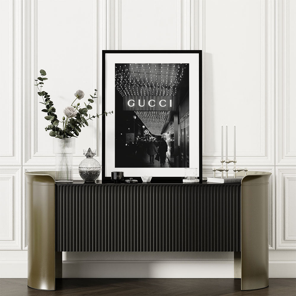 Luxury decor with a framed Gucci print