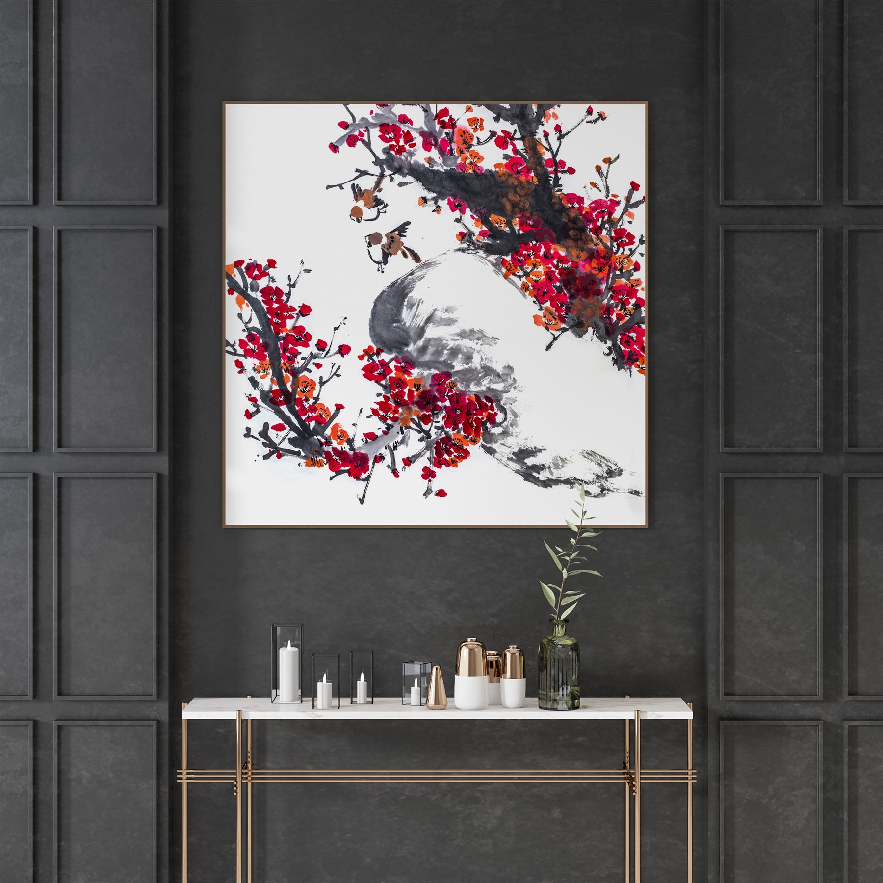 Japanese watercolor artwork framed above sideboard