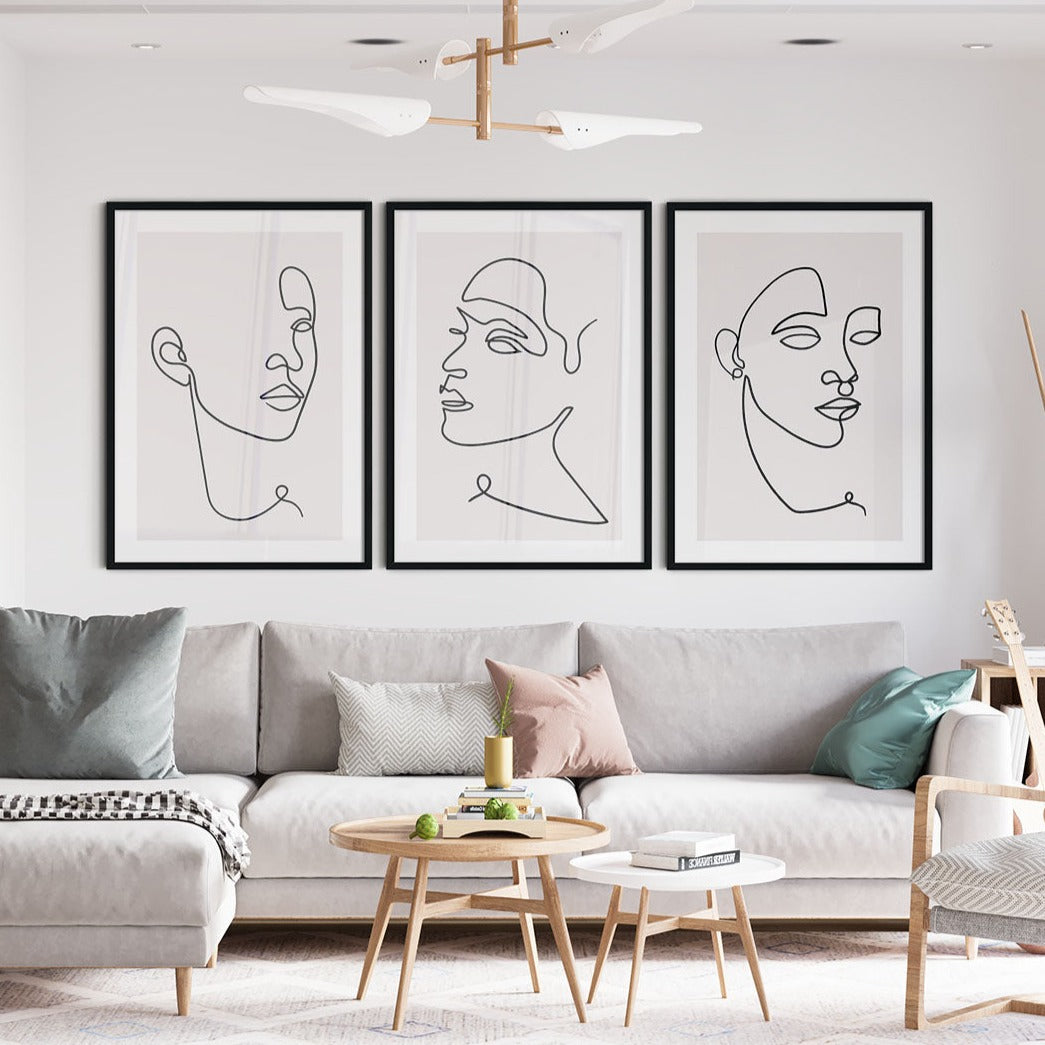 Living room decor with a set of 3 line art face prints