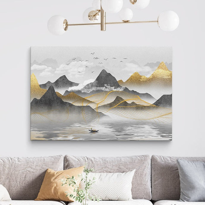 Gold & grey canvas artwork in living room