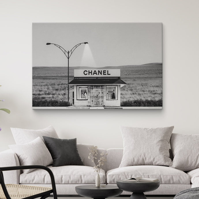 A modern living room interior with a Chanel photography canvas print