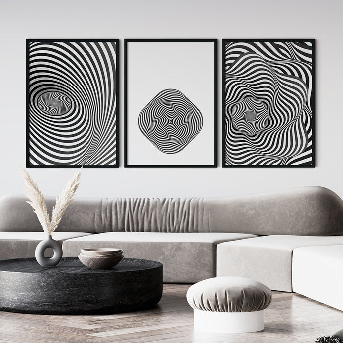 Modern living room decor with a set of 3 geometric art prints