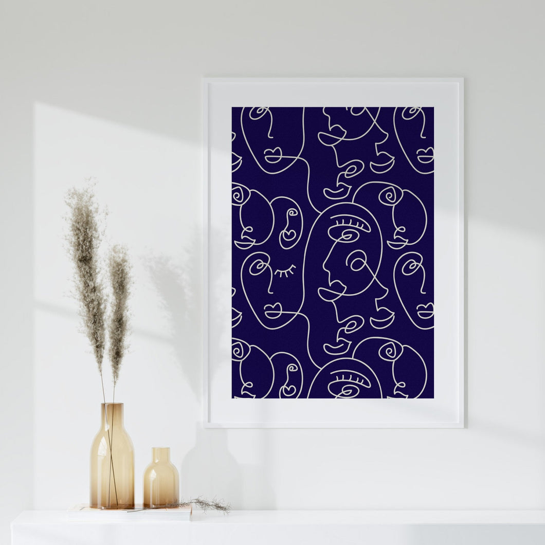 A framed poster featuring abstract line art on a navy blue background