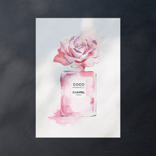 Load image into Gallery viewer, An unframed poster with a Chanel perfume bottle and pink rose
