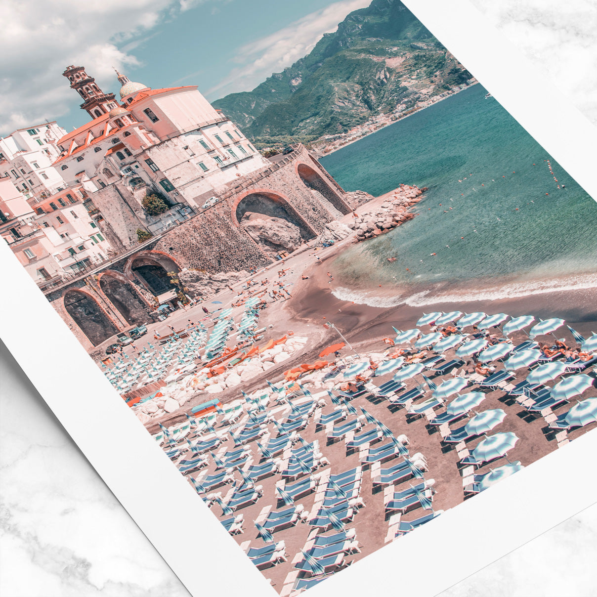 Close up of a photographic print featuring the Amalfi Coast