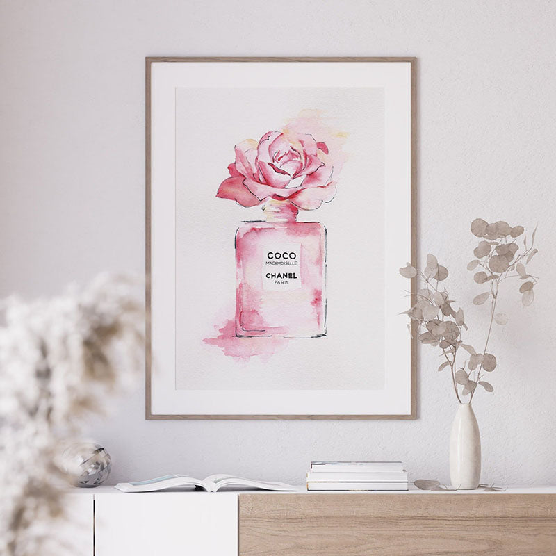 Watercolor art print featuring a pink rose above a Chanel perfume bottle